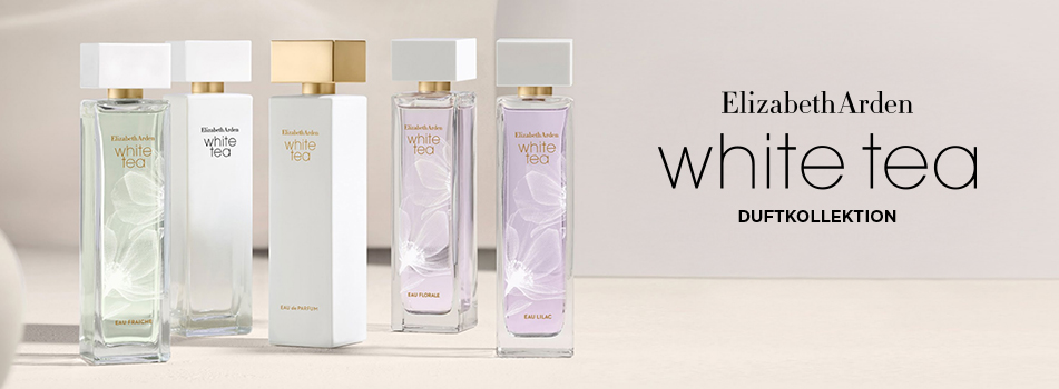 Werbeanzeige für die Elizabeth Arden White Tea Duftkollektion: Fünf elegante, eckige Parfumflakons in zarten Farben – Weiß, Transparent, Grün und Flieder – stehen auf einer hellen Fläche. Auf den Flakons steht „Elizabeth Arden White Tea“ mit unterschiedlichen Duftvarianten wie „Eau Fraîche“, „Eau de Parfum“ und „Eau Lilac“. Rechts daneben befindet sich das Logo „Elizabeth Arden White Tea Duftkollektion“ auf beigem Hintergrund.