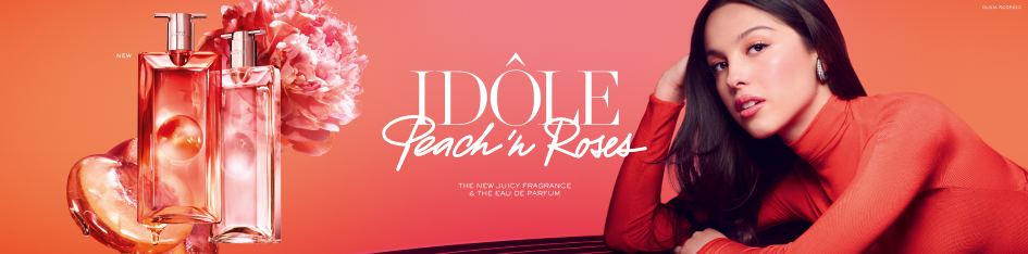 Lancôme Düfte – Idôle Peach 'n Roses Banner mit Flakon-Duo und Olivia Rodrigo, Kategoriebanner Parfum-Shop