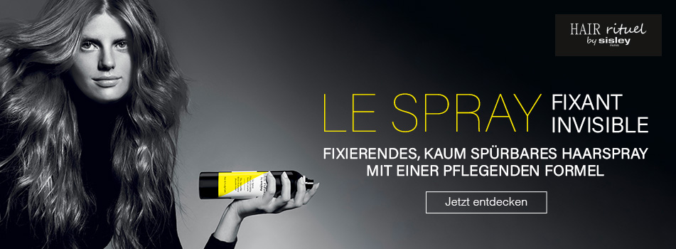 Werbung für das Haarspray 'Le Spray Fixant Invisible' von Hair Rituel by Sisley. Links im Bild hält eine Frau mit langen, voluminösen Haaren eine schwarze Sprühdose mit gelbem Etikett in der Hand. Rechts steht in großen Buchstaben: 'Le Spray Fixant Invisible – Fixierendes, kaum spürbares Haarspray mit einer pflegenden Formel'. Darunter befindet sich ein Button mit der Aufschrift 'Jetzt entdecken'. Der Hintergrund ist dunkel gehalten, was das Produkt und den Text hervorhebt.